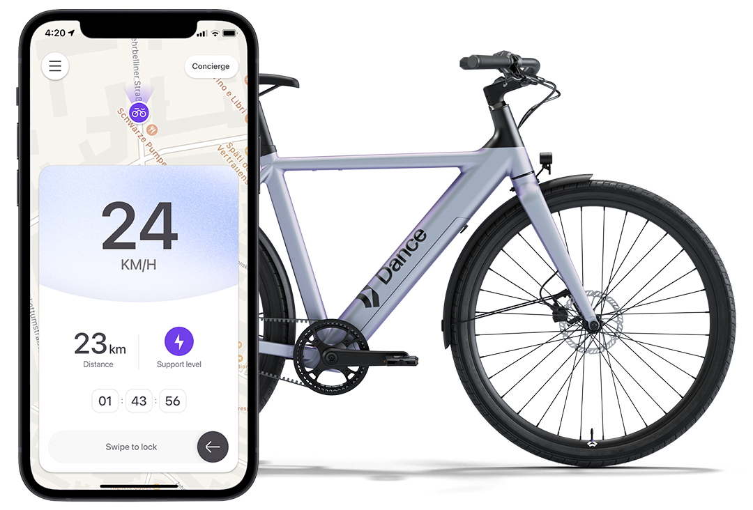 iPhone on the left hand side showing the Dance app's rides screen, Dance diamond frame ebike on the right hand side